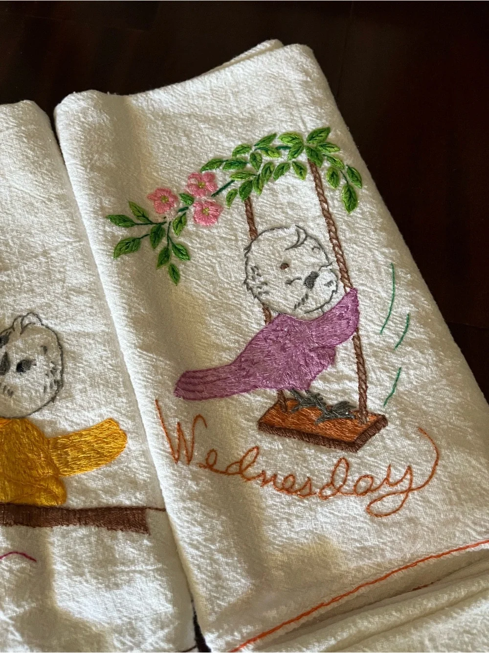 Bird Days of the Week Flour Sack Towels Embroidered Vintage